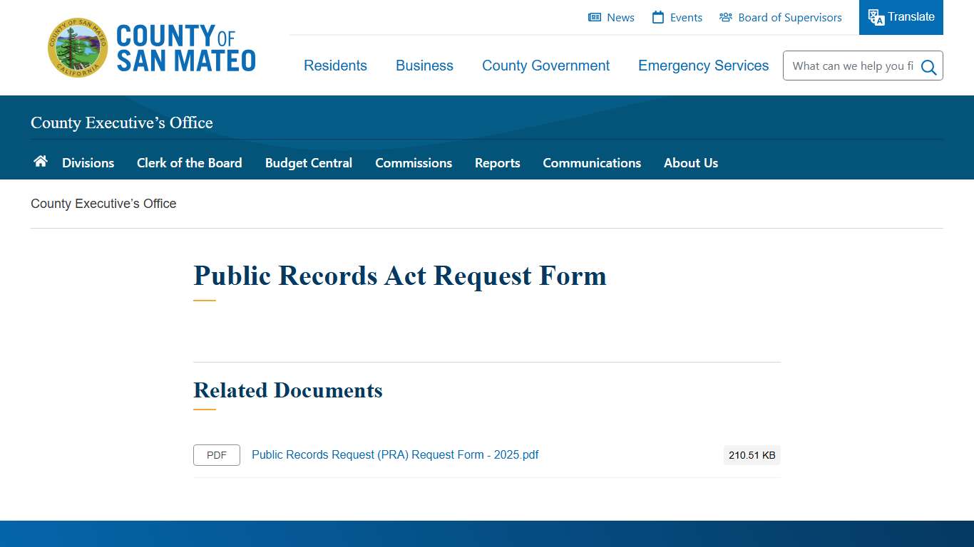 Public Records Act Request Form County of San Mateo, CA